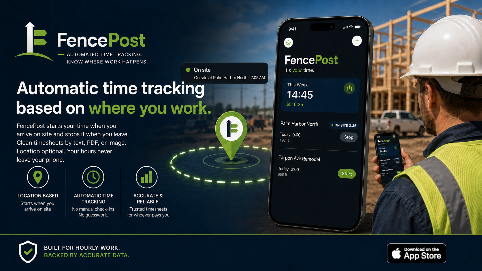 FencePost v1.0 on a job site: automatic time tracking based on where you work